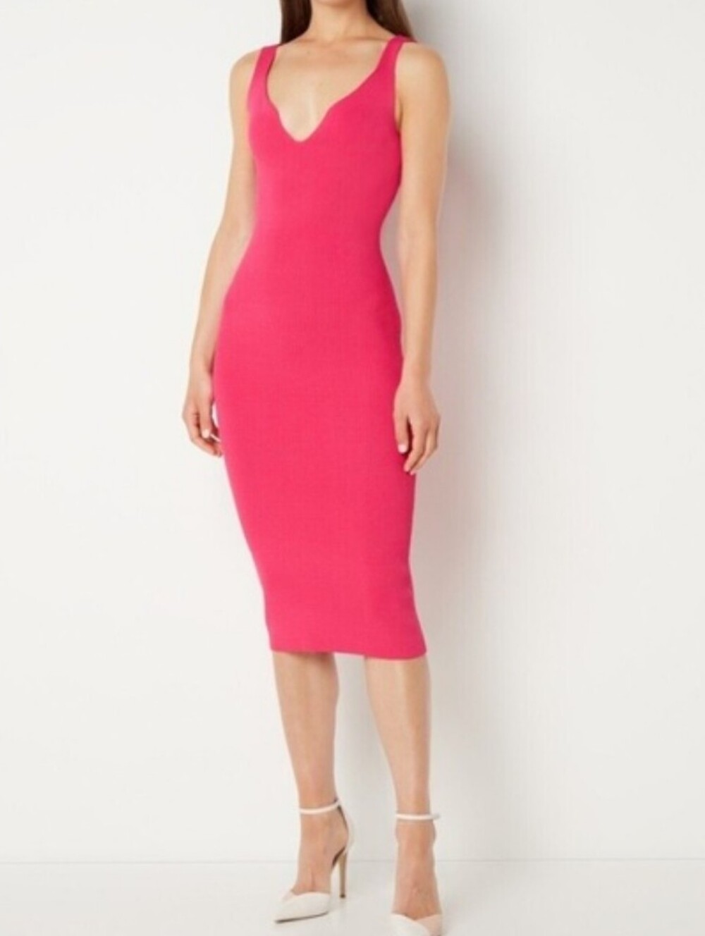 REISS Dakota Sweetheart Neck Sleeveless Chic BodyCon Knit Midi Dress Fushia XL